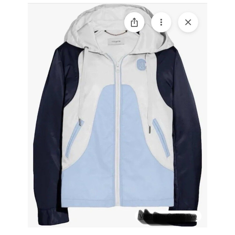 Coach Navy White Blue Zipper Wind Breaker Jacket Hood Sz 4